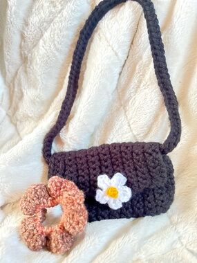 Crocheted (by me) Black Bag with Daisy Accent & Scrunchie